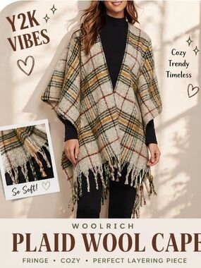 Woolrich Plaid Cape Poncho Fringe Shawl Cozy Fall Layering Wrap One Size